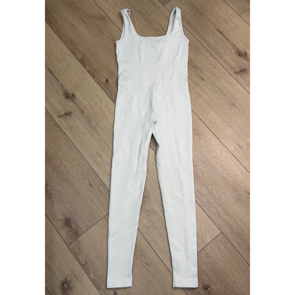 Ribbed Knit Scoop Neck Sleeveless Full Length Jumpsuit Bodysuit Cream Small